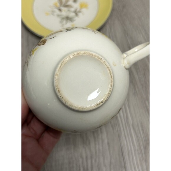 Vintage Homer Laughlin Rhythm Maytime Teacup & Saucer Yellow Band Grey Flowers - Picture 7 of 9